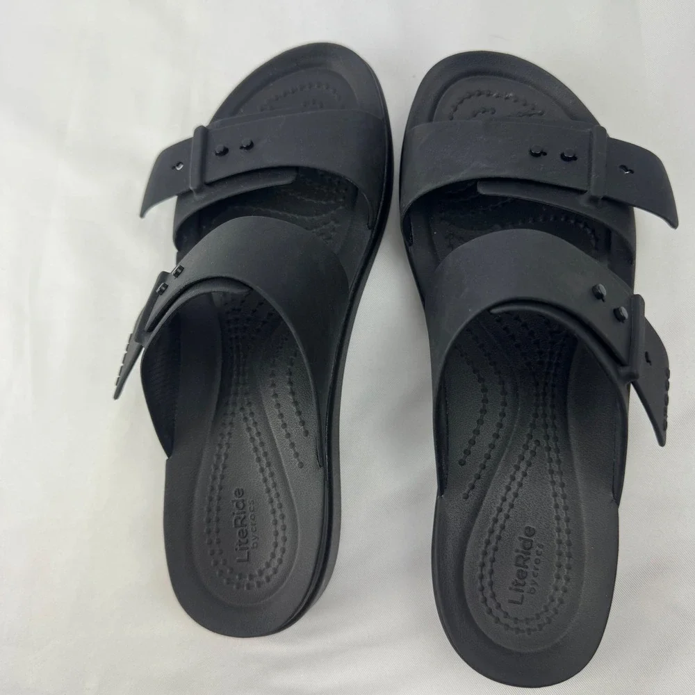 Crocs LiteRide Brooklyn Women Black Adjustable Strap Slides Sandals Size 6 - Picture 9 of 12